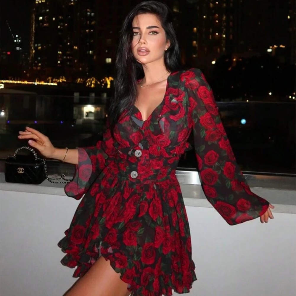Rebellious Rose Red Rose Print Long Sleeve Mini Dress